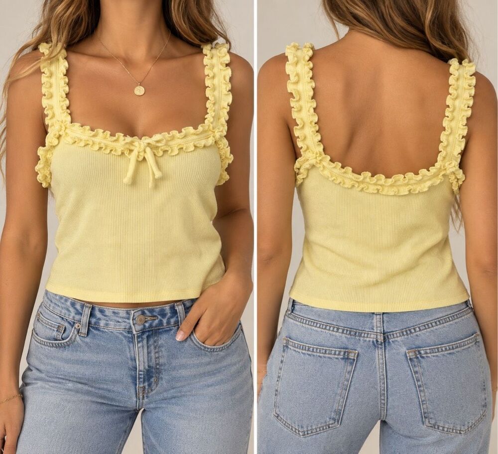 Maeve Anthropologie Size M Yellow Ruffle Ribbed Tank Top Coquette Y2K